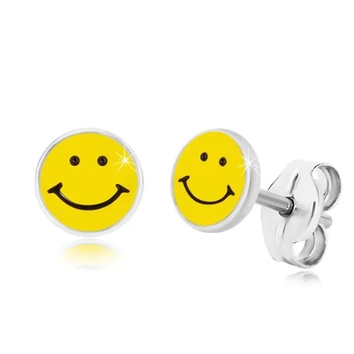 Náušnice zo striebra 925 - usmievavý smajlík, čierno-žltá glazúra, puzetky