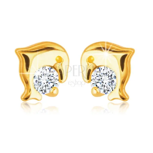 Diamantové náušnice zo žltého 14K zlata - skákajúci delfín, číry briliant, puzetky