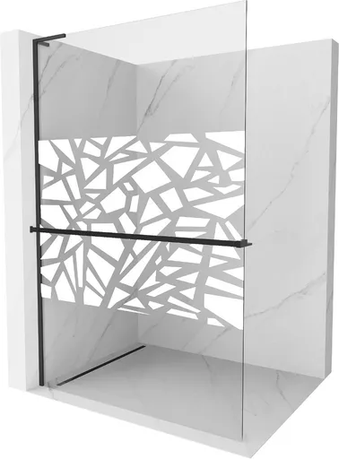 MEXEN/S - Kioto+ L Sprchová zástena WALK-IN s poličkou a držiakom uterákov 120 x 200, biely vzor, čierna 800-120-123-70-85