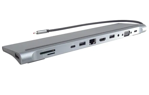 PREMIUMCORD Dokovacia stanica USB-C 10v1, 1xHDMI, 1xVGA, 2xUSB-C, 3xUSB, 1xRJ45, čítačka SD kariet, sivá