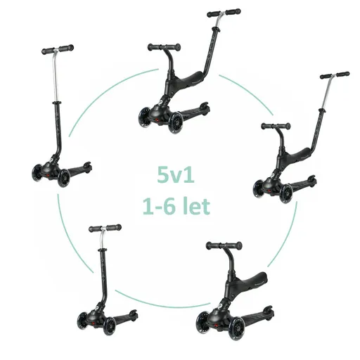 QPLAY Kolobežka Sema Pro Black, 5 v 1, s LED kolieskami, vek 1-6 rokov