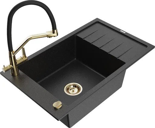 MEXEN/S MEXEN/S - Elias granitový drez s odkvapkávačom vrátane batérie Duo, čierna/strieborná metalík 6511-73-671701-57-G