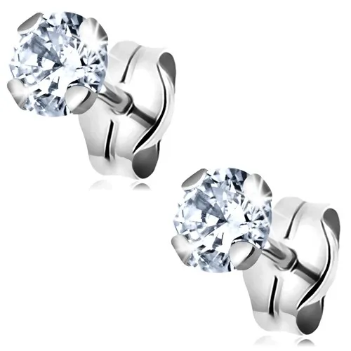 Puzetové náušnice v bielom 14K zlate - číry okrúhly zirkón v kotlíku, 4 mm