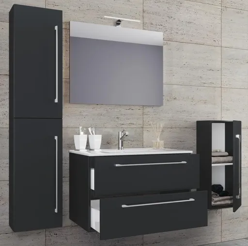 VCM 5dílná umyvadlová skříňka Badinos 2 zásuvky 60 cm se zrcadlem a střední/vysokou skříňkou, černá