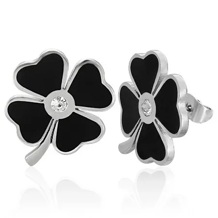 Náušnice z ocele 316L, čierny glazúrovaný štvorlístok pre šťastie