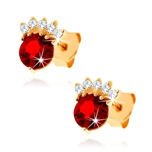 Zlaté náušnice 9K s granátom a zirkónovou korunkou