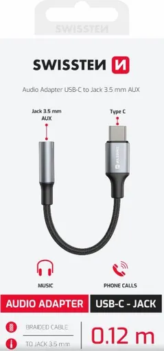 SWISSTEN AUDIO ADAPTÉR TEXTILE USB-C (samec) / 3,5 mm AUX 0,15 M ČIERNY (nahrádza 73501301)