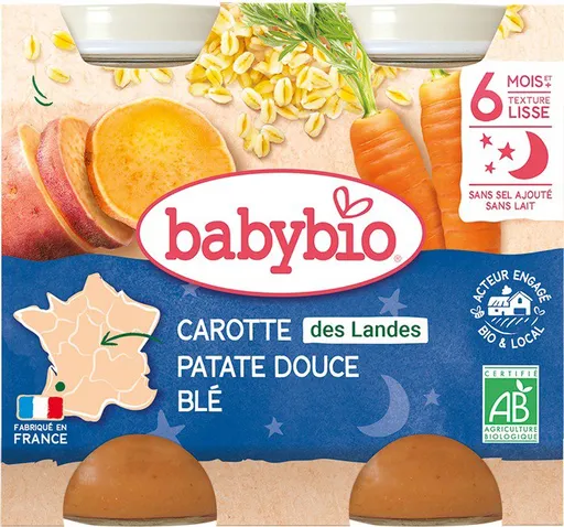 BABYBIO, Mrkva, sladké zemiaky a pšenica, 2× 200 g (3288131510590)