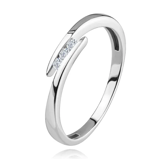 Prsteň z bieleho 14K zlata - tenké lesklé ramená, tri ligotavé číre brilianty - Veľkosť: 49 mm