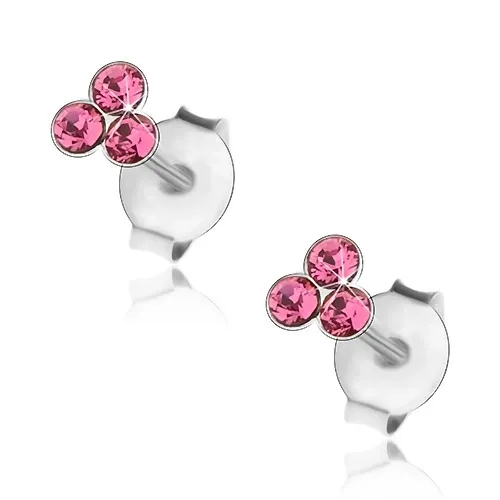 Náušnice zo striebra 925, trojica ružových krištálikov Swarovski