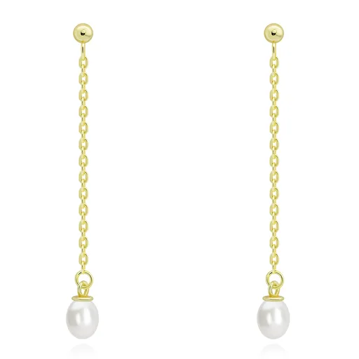 Náušnice v striebre 925 - gulička, prírodná perla na retiazke, zlatá farba