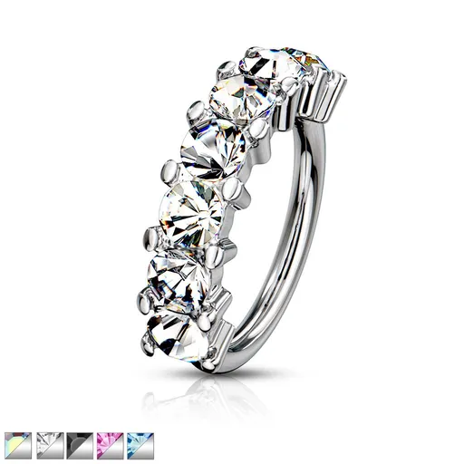 Piercing z 316L ocele do nosa, ucha alebo obočia - krúžok s farebnými krištáľmi, PVD, 1 mm - Farba zirkónu: Dúhová - AB