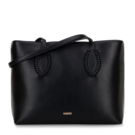 Dámska shopperka z ekologickej kože s pletenými akcentmi čierna 100-4Y-234-1