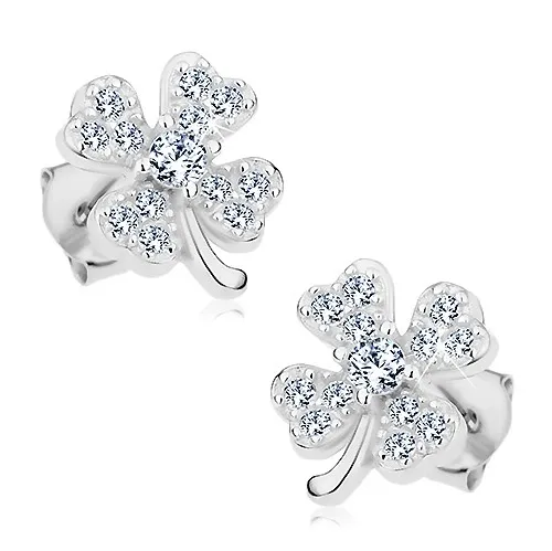Náušnice zo striebra 925, ligotavý štvorlístok pre šťastie s čírymi zirkónmi