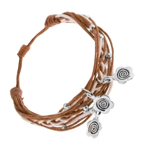 Pletený náramok zo šnúrok, nastaviteľná dĺžka, prívesky - kvety, špirála