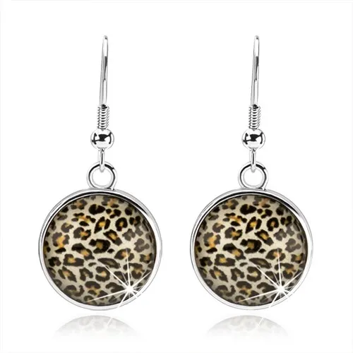 Náušnice v štýle kabošon, visiaci kruh s vypuklým sklom, leopardí vzor