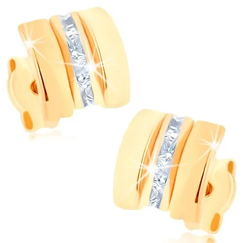 Zlaté náušnice 9K s dvojitým oblúkom a zvislou líniou čírych zirkónov