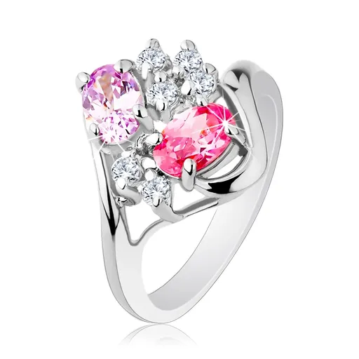 Prsteň striebornej farby, zvlnené konce ramien, číre a farbené zirkóny - Veľkosť: 58 mm