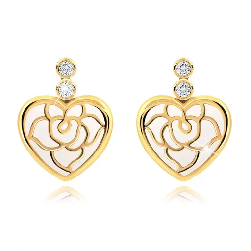 Zlaté náušnice 9K srdce s vyobrazením ruže, biela glazúra, zirkóny