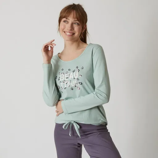 Pyžamové tričko s dlhými rukávmi a stredovou potlačou Beautiful