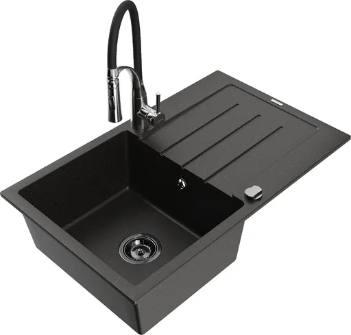 MEXEN/S MEXEN/S - Bruno granitový drez s odkvapkávačom vrátane batérie Aster, čierna/zlatá metalik 6513-75-73450-07-B