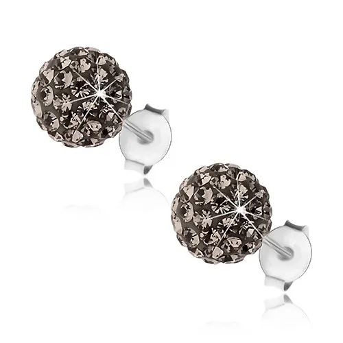 Strieborné náušnice 925, ligotavé guličky, oceľovosivé Preciosa krištále, 8 mm