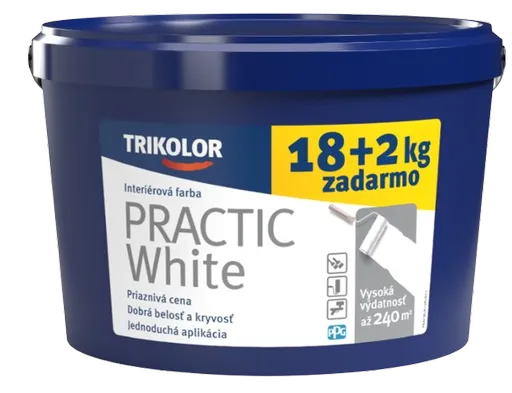 TRIKOLOR PRACTIC WHITE - Klasická interiérová farba pre nenáročné priestory biela, 18+2 kg zadarmo