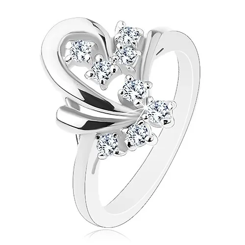 Prsteň s lesklým povrchom, obrys polovice srdiečka, transparentné zirkóniky - Veľkosť: 48 mm