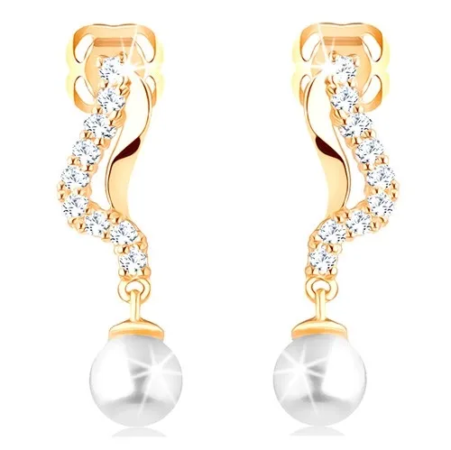 Zlaté náušnice 14K so zvlnenými líniami, zirkónmi a perlou