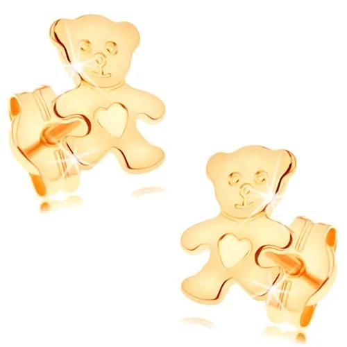 Náušnice zo žltého 14K zlata - ligotavý plochý medvedík so srdiečkom na brušku