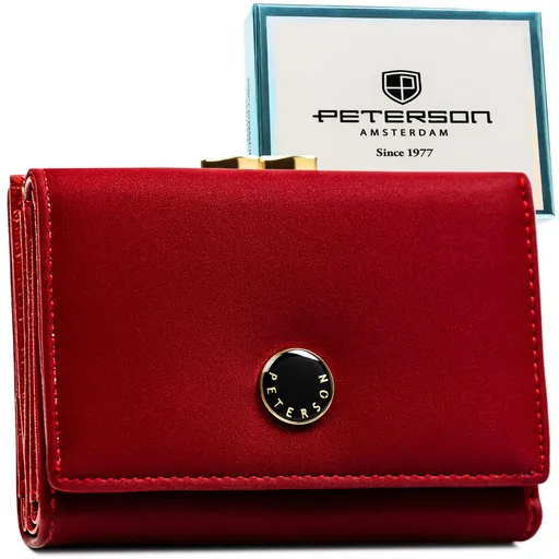 Stredne veľká červená dámska peňaženka z kože s RFID ochranou a zapínaním na mince - Peterson