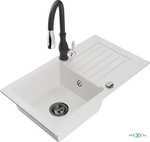 MEXEN/S MEXEN/S - Pablo granitový drez 1 s odkvapkávačom vrátane batérie Savita, biela 6510-20-672601-70