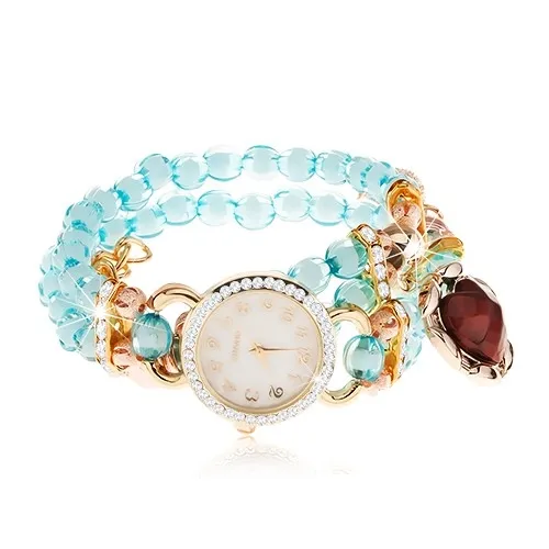 Hodinky z priehľadných modrých korálok, ciferník so zirkónmi, červené srdce