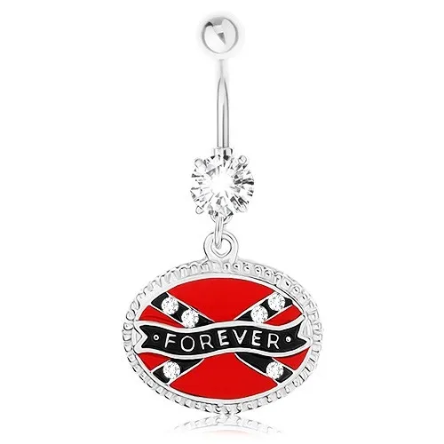 Piercing do brucha, chirurgická oceľ, ovál, konfederačná vlajka, nápis