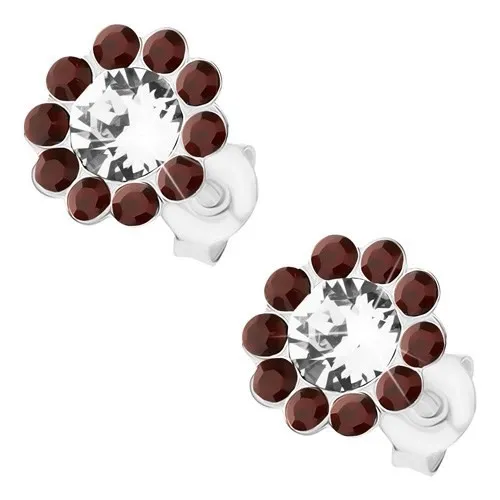 Náušnice zo striebra 925, kvietok z čírych a bordových Preciosa krištáľov