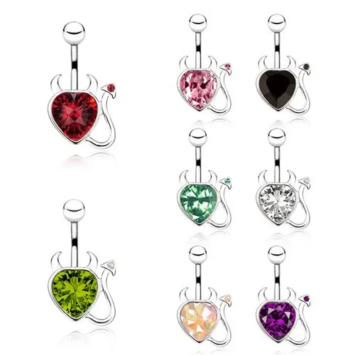 Oceľový piercing do bruška, zirkónové srdce s chvostíkom a rohmi - Farba zirkónu: Zelená - G