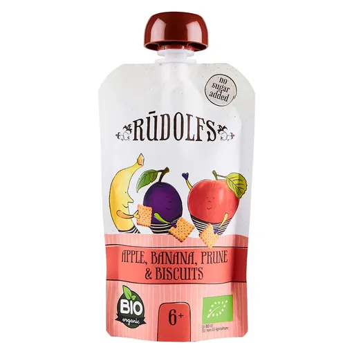 RUDOLFS Bio vrecko jablko, banán, sušená slivka, sušienky 6m+ 110 g