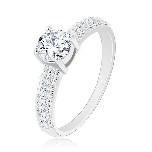 Strieborný prsteň 925, zirkónové línie na ramenách, okrúhly číry zirkón - Veľkosť: 57 mm