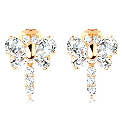 Náušnice zo žltého 14K zlata v tvare vážky so zirkónmi