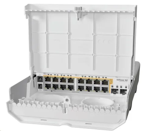 MikroTik Cloud Router Switch CRS318-16P-2S+OUT, 800MHz CPU, 256MB, 16x10/100/1000 (PoE-out), 2xSFP+, vr.