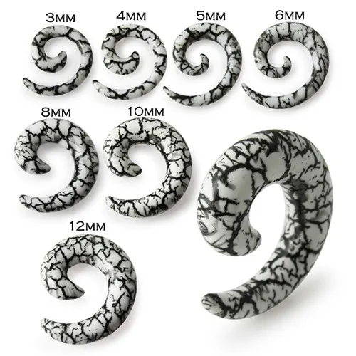 Biely špirálový expander do ucha s motívom čiernych prasklín - Hrúbka: 10 mm