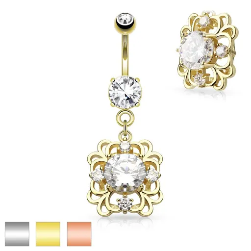 Piercing do pupku z ocele 316L, filigránový obdĺžnik, brúsené číre zirkóny - Farba piercing: Medená