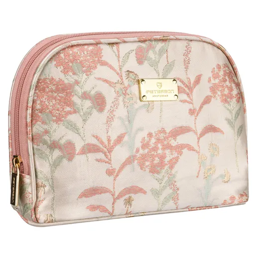 Cestovná kozmetická taštička z ružovo-béžového materiálu s kvetinovým motívom