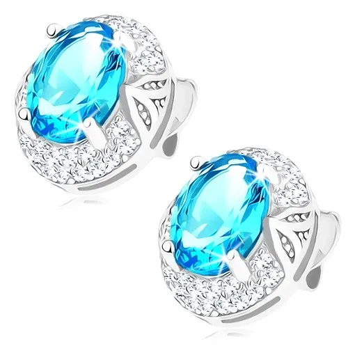 Ródiované náušnice, striebro 925, svetlomodrý oválny zirkón v ozdobnom leme