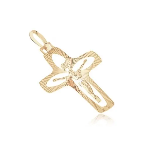 Zlatý prívesok 585 - kríž s lúčmi, zrnkovými výsekmi a vystúpeným Ježišom