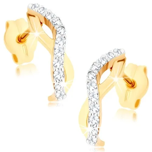 Zlaté náušnice 9K zvlnené línie s čírymi zirkónmi