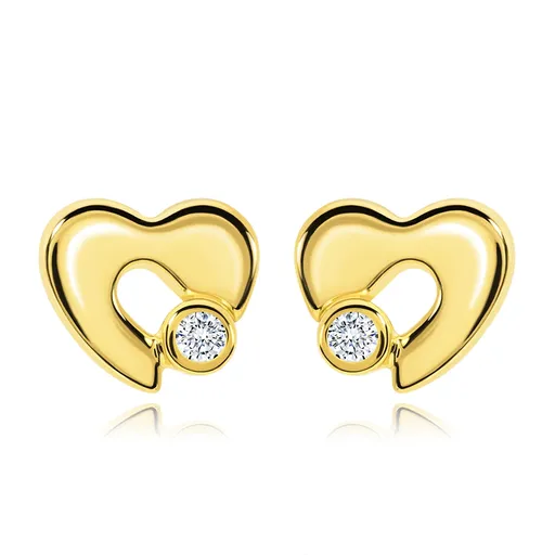 Diamantové zlaté náušnice 585 - lesklé srdce s výrezom a čírym briliantom