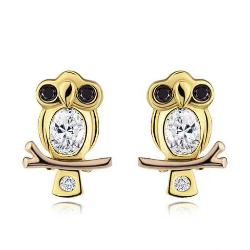 Náušnice v 14K zlate - múdra sova s čírym bruškom a čiernymi očami