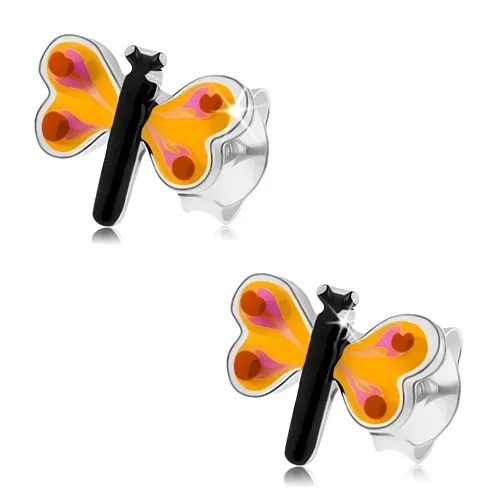 Náušnice zo striebra 925, motýlik s farebnou glazúrou, žlté krídla