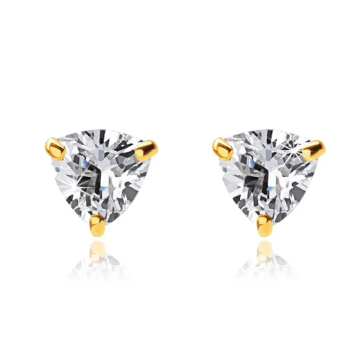 Puzetové náušnice zo žltého 9K zlata - číry zirkón v tvare trojuholníka
